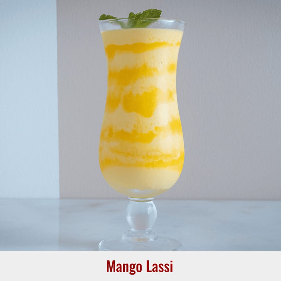 A tall glass of Mango Lassi, a yellow and white swirled drink, garnished with mint leaves.