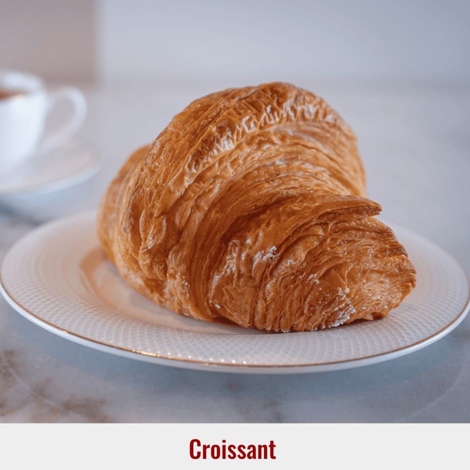 Golden-brown croissant on a white plate with a gold rim, with a coffee cup in the background.